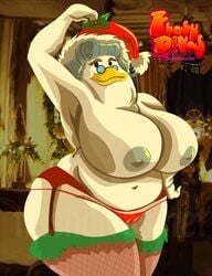 bbw bentina_beakley bird chriscrazyhouse christmas curvy disney ducktales furry garter_belt mistletoe mrs._beakley nipples panties red_panties solo stockings topless