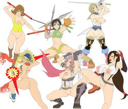 00s 10s 1990s_(style) 6+girls angry anus arched_back arm_support arm_up armpits arms_up ashelia_b'nargin_dalmasca ass back bandana bangs bare_shoulders belt bikini bikini_pull bikini_top_only black_eyes black_hair black_legwear blonde_hair blue_eyes blue_gloves boots bottomless braid breastless_clothes breasts breasts_out brown_hair cleavage cleft_of_venus clenched_hands clothes_pull collarbone covered_erect_nipples elbow_gloves embarrassed enix female_focus fighting fighting_stance final_fantasy final_fantasy_vii final_fantasy_viii final_fantasy_x final_fantasy_x-2 final_fantasy_xii final_fantasy_xiii fingerless_gloves fishnet_gloves fishnets flat_chest foreshortening gloves green_eyes groin hair_between_eyes highres hip_focus holding impossible_clothes impossible_shirt knee_boots knees large_areolae large_breasts leg_lift leg_up legs lightning_farron long_hair looking_at_viewer looking_back midriff mosukko multiple_girls navel nippleless_clothes nipples no_bra no_panties nunchaku open_clothes open_hand open_mouth orange_gloves outstretched_arm pink_hair pussy red_gloves retro_artstyle rikku rikku_(ff10) scarf selphie_tilmitt serious shirt shirt_pull shoes short_hair shuriken sideboob simple_background single_elbow_glove small_breasts spread_legs square_enix squatting standing standing_on_one_leg star_(symbol) suspenders sweat swimsuit tagme teeth thighhighs thighs tifa_lockhart topless uncensored weapon white_background white_shirt wide_hips yellow_bikini yuffie_kisaragi