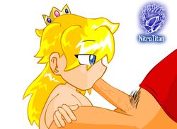 1boy 1girls animated blonde_hair blue_eyes bottomless crown fellatio female hair human male mario mario_(series) modeseven nintendo nitrotitan oral princess_peach pubic_hair straight