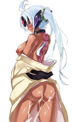 1girls android ass blue_eyes blush breasts cum cum_on_ass dark_skin female flower hair_flower hair_ornament headgear highres japanese_clothes kimono large_breasts long_hair negresco nipples off_shoulder open_mouth ponytail silver_hair smile solo t-elos tied_hair xenosaga xenosaga_episode_iii