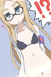 !? ? aiai_(jsm) arms_behind_back black_bra blonde_hair blue_background blue_eyes bottomless bra censored clothing female glasses highres labcoat long_hair midriff natasha_(sekai_seifuku) navel no_panties open_clothes open_shirt sekai_seifuku:_bouryaku_no_zvezda underwear