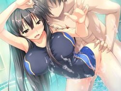 1boy against_glass aqua_background arched_back black_hair blush breasts brown_eyes competition_swimsuit doggy_style dutch_angle erect! faceless faceless_male female game_cg large_breasts long_hair nipples one-piece_swimsuit piromizu pool sex straight swimsuit trinity_euphoria vaginal_penetration wet