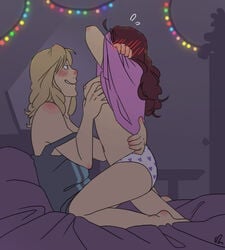 2girls ariana_grande blonde_hair blush breasts c-plaus cat_valentine celebrity female female_only icarly jennette_mccurdy long_hair multiple_girls nipples on_bed panties pervert_female red_hair sam_and_cat sam_puckett shirt_lift undressing victorious yuri