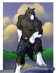 2012 abs angus_(disney) anthro anthro_only balls bgn biceps brave clydesdale disney equine flaccid fur furry horse kilt male male_nipples male_only muscles nude pecs penis pixar pose solo testicles topless uncut