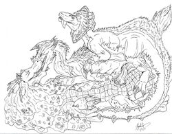 2011 bird_wyvern capcom claws dinosaur double_penetration dragon feral fur great_baggi great_jaggi group horn leviathan_(mh) line_art maw_kissing monster_hunter monster_hunter_portable_3rd penetration penis royal_ludroth ryshili scalie sex threesome tongue video_games wings wyvern