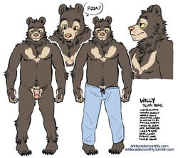 anthro artdecade balls bear dialog english_text furry model_sheet nude penis sloth_bear sweatpants tagme text willy_(artdecade)