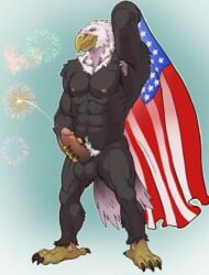 1boy abs anthro arm_up armpit_hair armpits avian badcoyote bald_eagle beak bird claws eagle edit erection feathers feet flag full-length_portrait full_length holding humanoid_penis looking_at_viewer male male_only nipples penis portrait pubic_hair solo standing testicles text veins wings