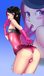 1boy androgynous arched_back ass blush bulge canon_crossdressing crossdressing drekoraider femboy finger_to_mouth girly gloves guy_hamdon latex latex_gloves looking_back male miniskirt panties pink_panties purple_eyes shezow shezow_(character) shiny skirt_lift solo trap two_tone_hair wedgie