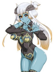 bare_shoulders black_sclera blue_skin blush breasts butakoma_300g center_opening cleavage demon_girl detached_sleeves erect_nipples female heart highres hips horns large_breasts long_hair looking_at_viewer pyurachri simple_background smile solo standing succubus thighhighs thighs white_background white_hair yellow_eyes zipper