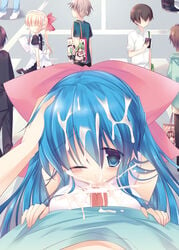 aqua_hair bare_shoulders blue_eyes bow breast_press censored crown cum cum_in_mouth ejaculation facial fellatio female hairbow hand_on_another's_head highres long_hair oral penis pov public sidewalk solo_focus sumii wince