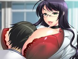 1male antenna_hair bakunyuu_hoken_onna_kyoushi between_breasts black_hair bra breast_smother breasts bust choker cleavage female gigantic_breasts glasses green_eyes highres lace-trimmed_bra lingerie lips lipstick long_hair makeup milf mole naughty_face payot raised_eyebrow shinomiya_yurika short_hair smile solo_focus takahashi_record underwear