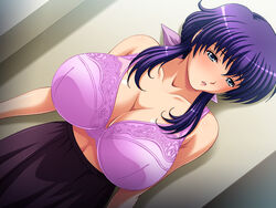 bra breasts female game_cg large_breasts milf morning_star_(company) purple_bra purple_hair solo