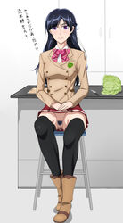 black_hair black_legwear blazer boots breasts cabbage cutting_board female hair_ribbon half_updo hands_together highres kakumeiki_valvrave kitchen kitchen_knife long_hair no_panties pubic_hair purple_eyes pussy pussy_juice ribbon rukino_saki school_uniform shoujo_donburi sitting skirt solo text thighhighs translation_request uncensored upskirt