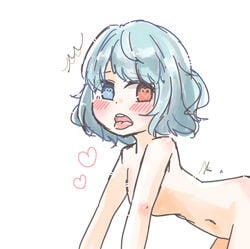 /\/\/\ all_fours blue_eyes blue_hair blush convenient_arm heart heart_eyes heterochromia highres kogasa_tatara messy_hair nude open_mouth red_eyes salt_(seasoning) short_hair tongue tongue_out torogao touhou