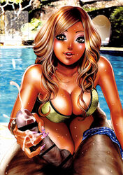 bikini blush bracelet breasts brown_eyes brown_hair cum dark-skinned_female dark_skin drill_hair fingernails ganguro gyaru handjob high_resolution jewelry lips looking_at_viewer penis pov smile swimsuit tabe_koji tan wet