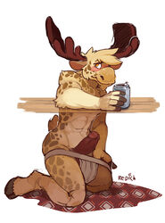 anthro antlers beverage blush can cervine clothing erection furry giraffe horn humanoid_penis hybrid jockstrap looking_at_viewer male male_only moose pancake_(character) pants pants_down penis redic-nomad solo topless underwear