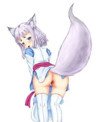 animal_ears blue_eyes blush female fox_ears fox_tail highres japanese_clothes kon_(tokyo_ravens) no_panties pussy short_hair silver_hair solo tail tenyoshi_(briansept) thighhighs tokyo_ravens uncensored