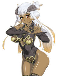 bare_shoulders blush breasts butakoma_300g center_opening cleavage dark-skinned_female dark_skin demon_girl detached_sleeves erect_nipples female heart highleg highres hips horns large_breasts leotard long_hair looking_at_viewer pyurachri shiny shiny_skin simple_background smile solo standing succubus thighhighs thighs white_background white_hair yellow_eyes zipper