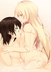 1boy anus araragi_koyomi ass bathing black_hair blonde_hair blush female flat_chest highres licking long_hair looking_at_viewer looking_back monogatari_(series) nipple_licking nipples nude oshino_shinobu partially_submerged pussy shokuyou_mogura short_hair steam water wet yellow_eyes