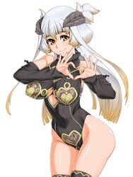 bare_shoulders blush breasts butakoma_300g center_opening cleavage demon_girl detached_sleeves erect_nipples female heart highleg highres hips horns large_breasts long_hair looking_at_viewer pyurachri shiny shiny_skin simple_background smile solo standing thighhighs thighs white_background white_hair yellow_eyes zipper