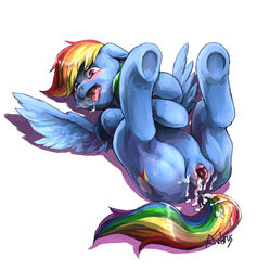 2014 ass audrarius blue_fur blush cum cutie_mark equine female feral friendship_is_magic fur hair hooves horse legs_up lying multicolored_hair my_little_pony on_back open_mouth pegasus plain_background pony pussy rainbow_dash_(mlp) rainbow_hair solo tongue white_background wings