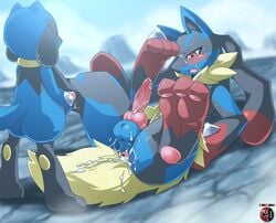 after_sex blush cum cum_in_ass cum_inside furry furry_only gay kivwolf knot lucario male male_only mega_lucario nintendo no_humans penis pokemon pokemon_(species) riolu role_reversal small_dom_big_sub video_games