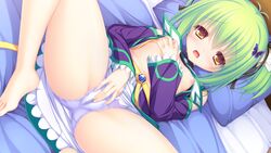 bed breast_grab breasts charles_faltesia game_cg green_hair magicalic_sky_high masturbation mikagami_mamizu nipples open_clothes open_shirt panties shirt short_hair underwear whirlpool yellow_eyes