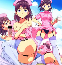 anus bare_shoulders black_panties blue_eyes breasts covering covering_breasts cup fellatio female garter_straps hat headgear kamisimo_90 lingerie multiple_persona nurse nurse_cap oral original panties penis pussy_juice shiny shiny_skin thighhighs underwear veins veiny_penis white_legwear