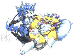 2003 3_fingers 3_toes ball_gag bdsm blue_fur bondage breasts canine chains chest_tuft crossover digimon domination dominatrix elbow_gloves female fox fur gag gloves krystal leash lying nintendo nipple_piercing nipples piercing pillow plain_background pussy raised_arm renamon sawblade_(artist) star_fox tuft video_games white_background white_fur yellow_fur yuri