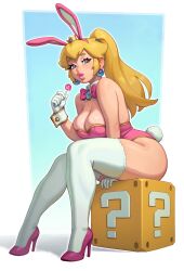 1girl 1girls 2025 2d 2d_(artwork) ?_block blonde_female blonde_hair blonde_hair_female blue_eyes bunnysuit clothed clothing female female_only high_heel_boots high_heels highres light-skinned_female light_skin lips lollipop mario_(series) nintendo princess princess_peach rizdraws solo solo_focus