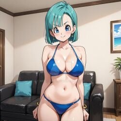 1girls ai_generated anime bikini blue_bikini blue_hair breasts bulma_brief bulma_briefs dragon_ball female female_focus female_only gold_bikini human human_only indoors looking_at_viewer mature mature_female milf nerdlord1 standing watermark