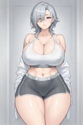 ai_generated breasts breasts_bigger_than_head cleavage covered_breasts erect_nipples_under_clothes expressionless female female_only hips huge_breasts huge_hips huge_thighs looking_at_viewer low_quality pelvic_line pokerh purple_eyes pussy_bulge silver_hair slim_waist sports_bra sports_shorts sportswear thick_thighs thighs voluptuous voluptuous_body voluptuous_female wide_hips