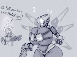 ? big_breasts dialog english_text female gabriel_(ultrakill) huge_breasts humor no_color robot source_request tagme text thick_thighs thighs ultrakill unknown_artist v1_(ultrakill)