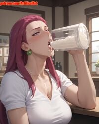 1girls ai_generated artifical_art blue_eyes blush cartoon dripping_cum earrings incest jessie_(pokemon) open_mouth perfect_body pokemon purple_hair red_hair semen_in_mouth team_rocket