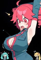 3girls ai_generated akita_neru armpits arms_up brittle button_pop cleavage detached_sleeves drill_hair embarrassed hatsune_miku kasane_teto large_breasts looking_down motion_lines red_eyes red_hair sleeveless_shirt stable_diffusion standing twin_drills upper_body utau vocaloid