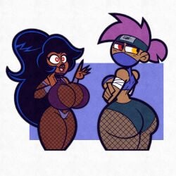 2girls ass bandaged_arm big_ass big_breasts breasts cleavage dark_blue_hair daughter enid fangs female female_only fishnet_armwear fishnet_legwear headband headwear heterochromia huge_ass huge_breasts jojobrito lips lipstick mature mature_female mature_woman milf mother mother_and_daughter ninja ninja_girl ok_k.o.!_let's_be_heroes pink_hair ponytail red_eyes vampire wide_hips wilhamena yellow_eyes