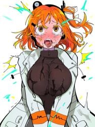 1girls a.i._voice adachi_rei ahe_gao ahegao_face black_turtleneck blush electric_shock electricity fang hair_ribbon hairclip headlamp headset huge_breasts implied_ejaculation jacket malfunction one_side_up open_jacket orange_hair orange_trim radio_antenna robot robot_girl saliva simple_background solo sonosickte suggestive_fluid suggestive_fluid_on_breasts sweater tears turtleneck turtleneck_sweater utau white_background white_jacket white_ribbon