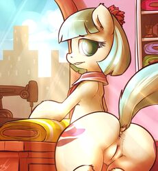 2014 anus ass atryl blue_eyes coco_pommel_(mlp) cutie_mark earth_pony equine female female_only feral friendship_is_magic fur horse leaning looking_back my_little_pony pony pussy sewing solo two_tone_hair white_fur window