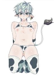 1boy alien_stage arms_behind_back cow_ears cow_print cow_print_bikini cow_print_thighhighs cow_tail cuntboy f5ej3 green_eyes grey_hair kneeling lactation male male_focus nipples short_hair solo till_(alien_stage)