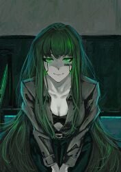 alfonso_(limbus_company) black_bra green_eyes green_hair green_pants limbus_company project_moon smile stare white_skin white_skinned_female