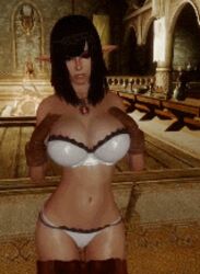 3d animated bra breast_fondling breast_grab breast_squish breasts brown_hair clothes dark_hair elf hair hand_on_breast holding_breasts huge_breasts idle large_breasts necklace pointy_ears skyrim the_elder_scrolls underwear video_game