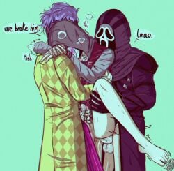 3boys anal clothed crossover cumming_in_ass danny_johnson dead_by_daylight frank_morrison gay_sex ghostface head_on_shoulder holding_leg holding_person scream_(franchise) the_legion the_legion_(frank) the_trickster yaoi