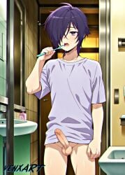 ai_generated bathroom brushing_teeth erection gay hataraku_maou-sama! pants_down shirt solo urushihara_hanzou venxart yaoi