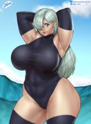 1girls armpits arms_up big_breasts blu_rent breasts busty elizabeth_liones female female_only hands_behind_head huge_breasts large_breasts looking_at_viewer nanatsu_no_taizai png solo thick_thighs wide_hips