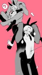 2boys big_dom_small_sub blush bunny_ears bunnysuit femboy from_behind fucafucamold gay gay_domination gay_sex height_difference latex latex_suit male male/male male_only standing yaoi