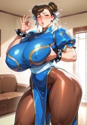 1boy ai_generated blowjob_gesture blush brown_hair chinese_clothes chun-li chun-li_(cosplay) crossdressing fake_breasts fellatio_gesture femboy hand_on_breast heart huge_breasts lips lustre male nose_blush otoko_no_ko shiny_clothes shiny_skin sofa street_fighter sweat tied_hair tight_clothes tight_clothing tight_fit tights twin_buns wide_hips