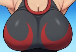 ai_generated alternate_breast_size breast_focus breasts close-up dark-skinned_female dark_skin female large_breasts mullon novelai pokemon pokemon_(anime) pokemon_(game) pokemon_oras solo solo_focus top_heavy zinnia_(pokemon)