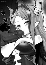 1boy 1girls ahoge breasts clothed_female_nude_male clothing_pull dark-skinned_female dark_skin demon_girl eyeshadow female greyscale heart heart_ahoge highres horns indie_virtual_youtuber ironmouse long_hair looking_at_viewer makeup male nipples one_breast_out penis pointy_ears pubic_hair straight streaked_hair uliel virtual_youtuber