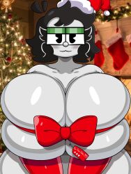 big_areola big_breasts big_breasts breast_squeeze cartoon christmas christmas_outfit edit edited_image female_focus female_only marlon marlon_(character) marlontoon marlonxd red_clothing ribbon rubberhose white_body white_skin