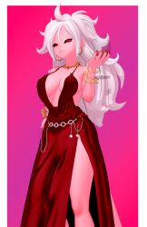 android_21 android_21_(evil) big_breasts black_iris blue_eyes dragon_ball dragon_ball_(series) dragon_ball_fighterz evaan inner_sideboob jewelry koikatsu looking_at_viewer majin majin_android_21 no_bra pink_skin red_eyes render_007 sexy sexy_dress topless voluptuous voluptuous_female white_hair